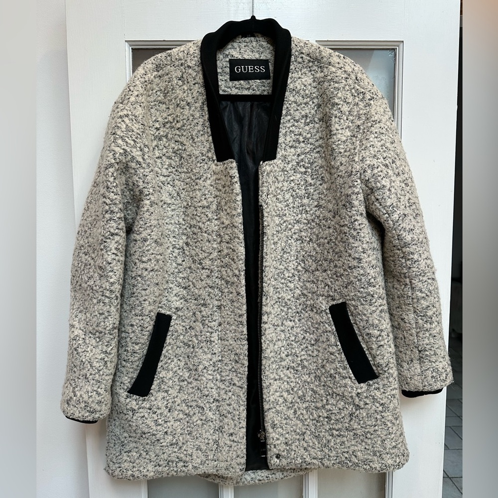 GUESS Y2K Women's Speckled Cream & Black Wool Teddy Coat Jacket Heavy Size L